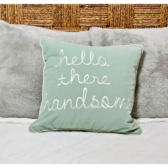NEW Embroidered Baby Blue Velvet Pillow Cover 17 x 17 ~ "Hello There Handsome" - Picture 2 of 5